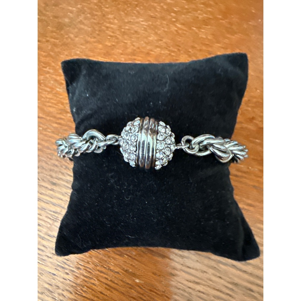 Heidi‎ Daus Silver Tone Rope Chain Bracelet Magnetic Crystal Orb Clasp Sparkle